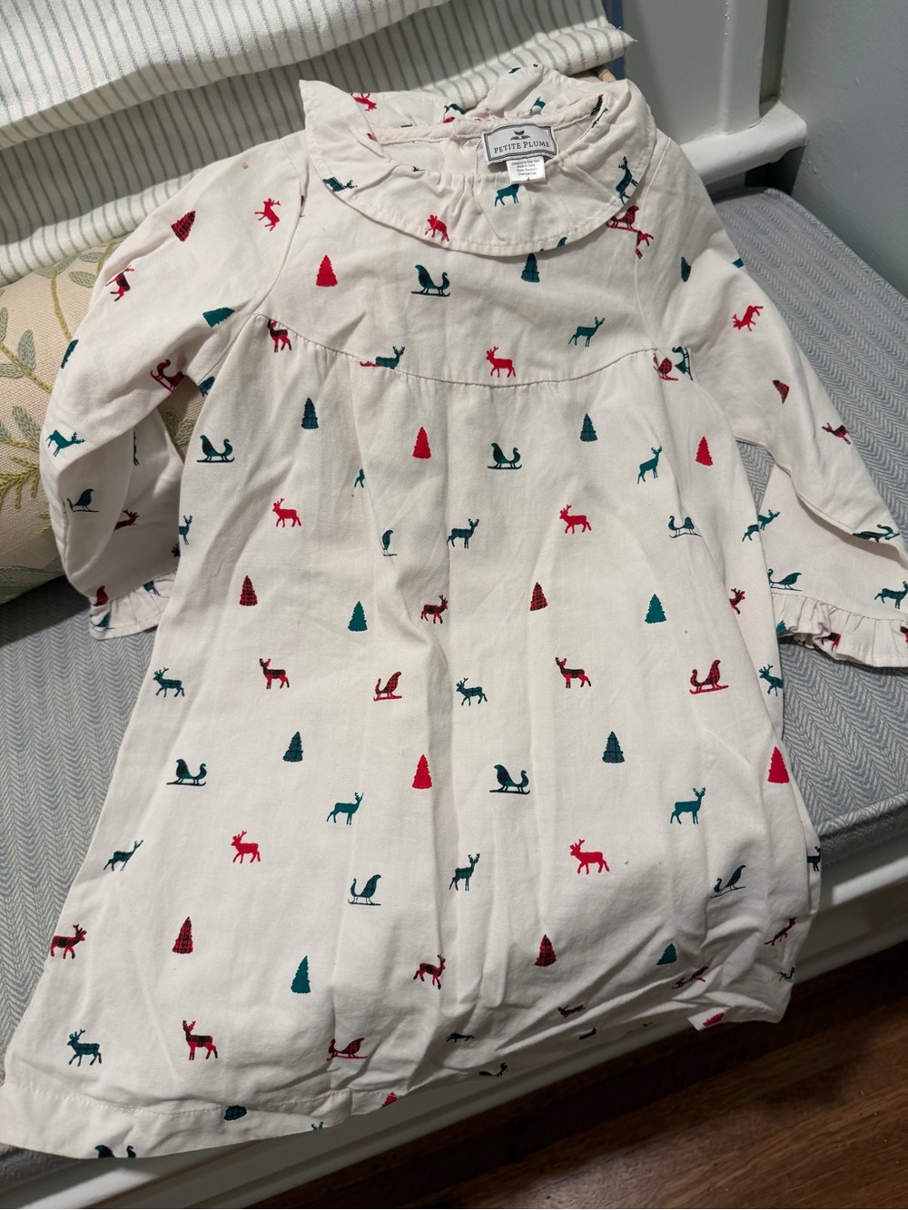 Petite Plume Cream Holiday Print Girls' Nightgown - Red & Teal